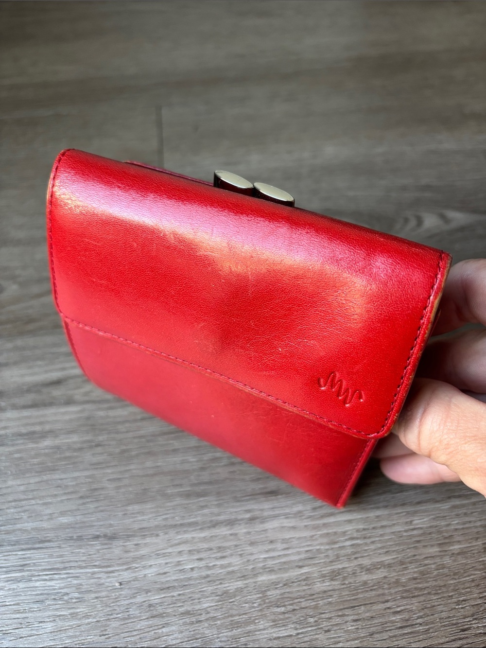 Vintage Monsac Red Italian Leather Tri-fold Wallet with Snap Kiss-lock Pocket